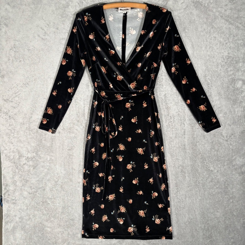 Rouje Paris Kelly Black Floral Velvet Faux Wrap Midi Dress Long Sleeve EU 36